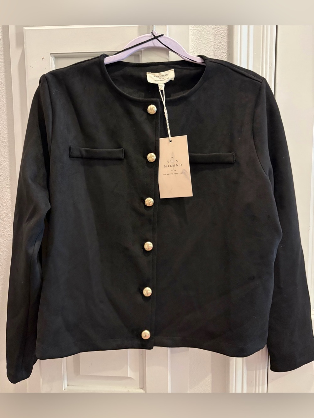 NWT VILA MiILANO Black Button-Front Collarless Jacket Women’s Size Large